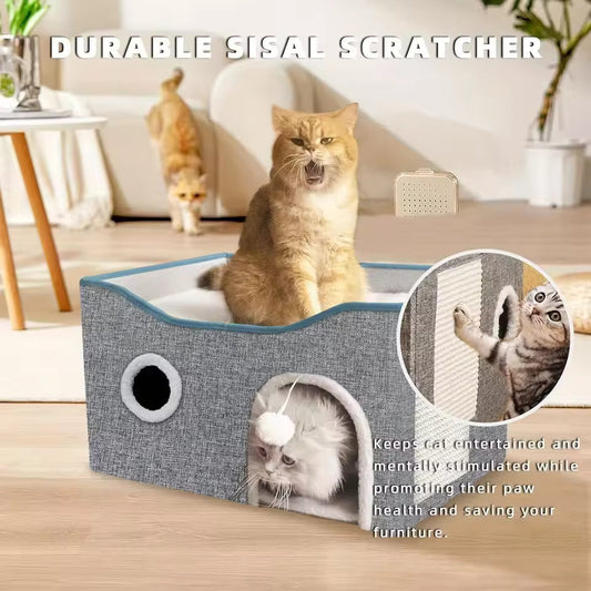Cushion-Luxury Cat Tree Bed with Fluffy Ball Hanging and Scratch Pad