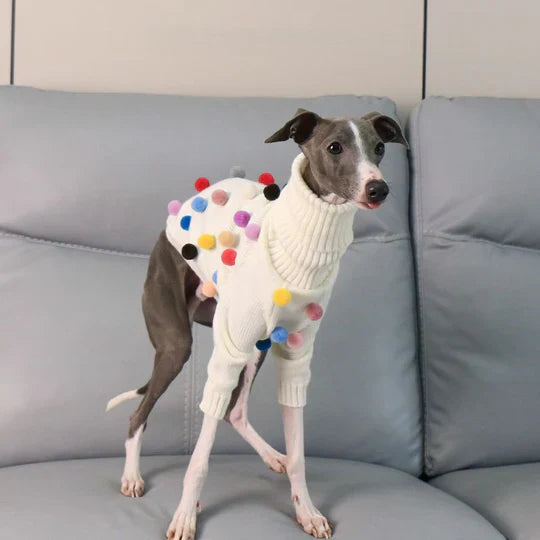 Turtleneck Knit Sweater with Pom-Poms for Italian Greyhound & Whippets