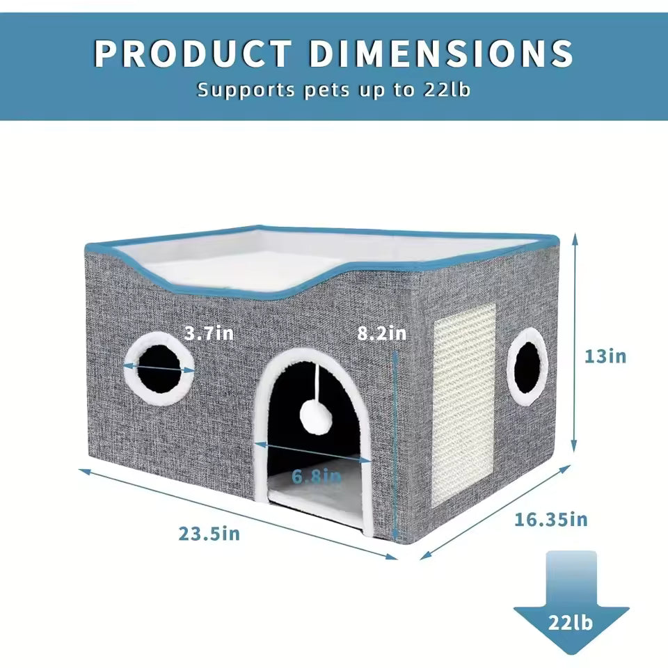 Cushion-Luxury Cat Tree Bed with Fluffy Ball Hanging and Scratch Pad