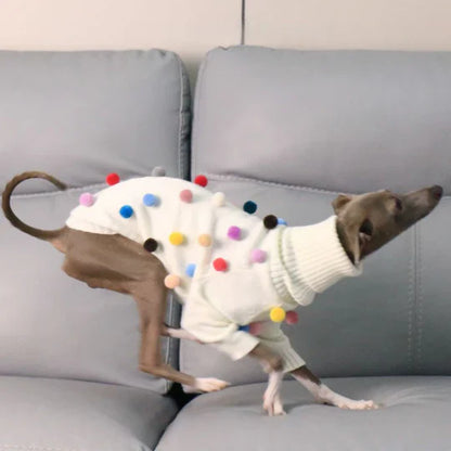 Turtleneck Knit Sweater with Pom-Poms for Italian Greyhound & Whippets