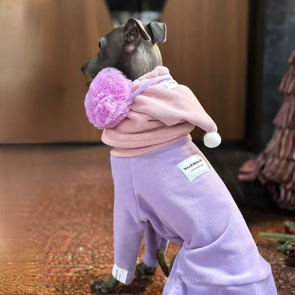 Stylish Pure-Color Winter Dog Jumpsuit with Hat – Stretch Fit for Italian Greyhounds & Whippets