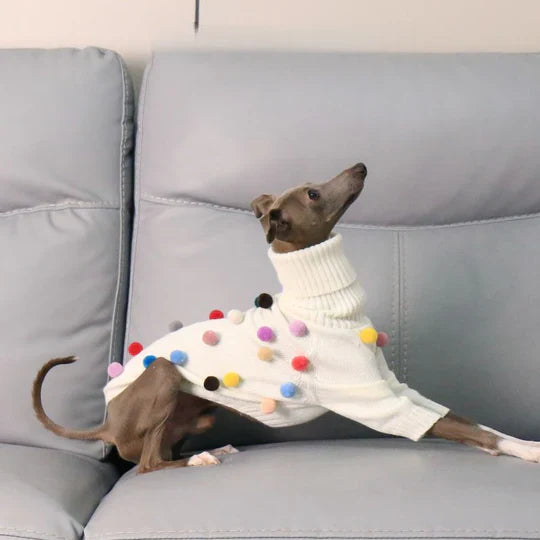 Turtleneck Knit Sweater with Pom-Poms for Italian Greyhound & Whippets