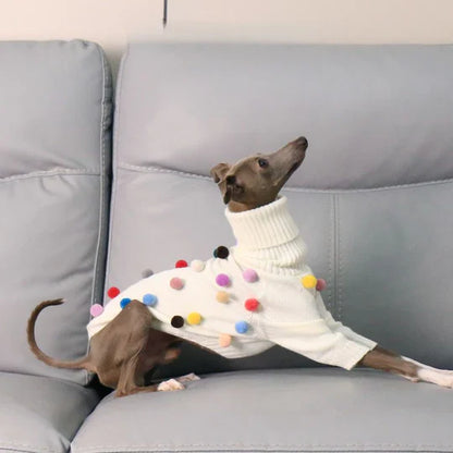 Turtleneck Knit Sweater with Pom-Poms for Italian Greyhound & Whippets