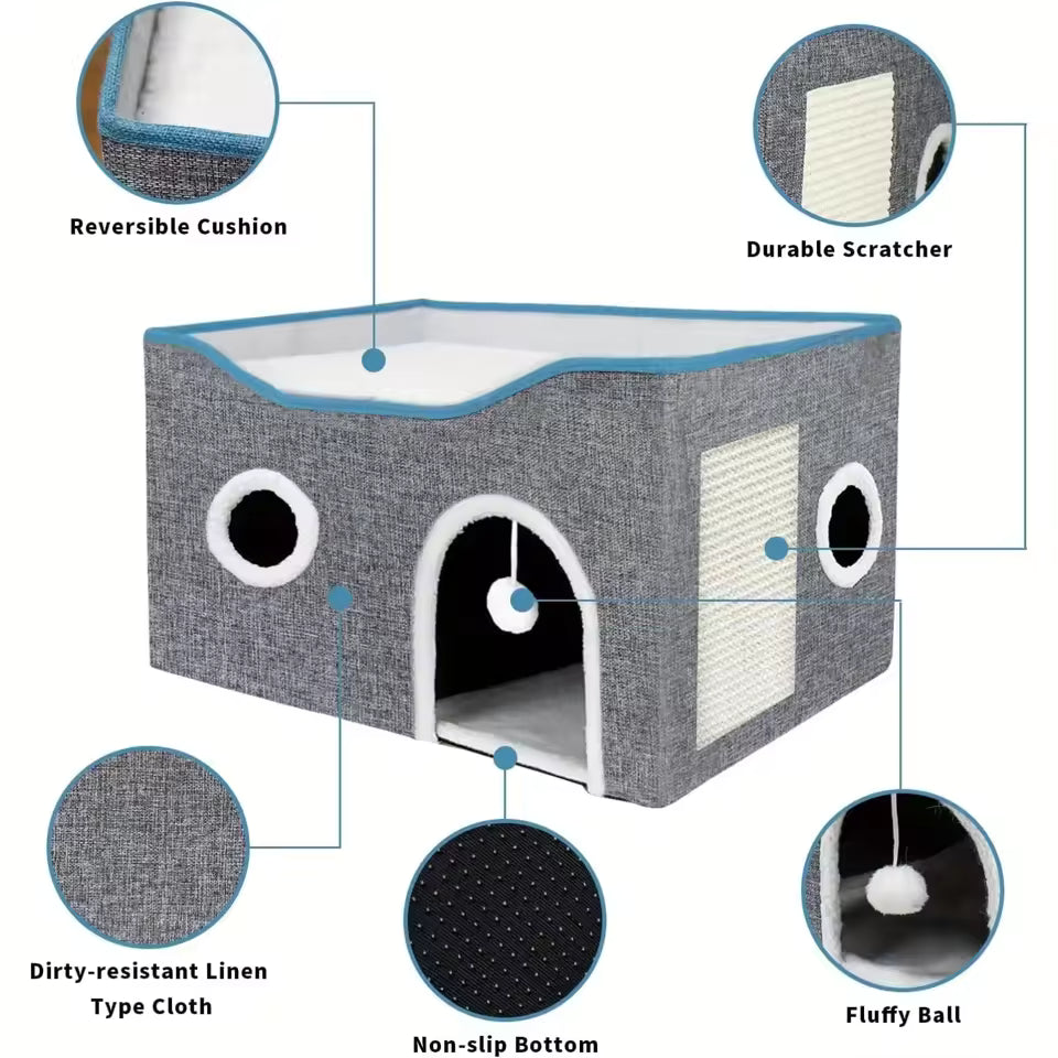 Cushion-Luxury Cat Tree Bed with Fluffy Ball Hanging and Scratch Pad