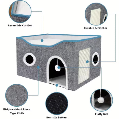 Cushion-Luxury Cat Tree Bed with Fluffy Ball Hanging and Scratch Pad