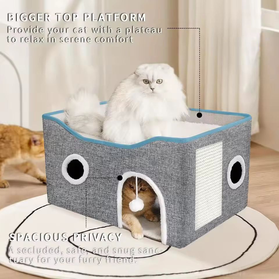 Cushion-Luxury Cat Tree Bed with Fluffy Ball Hanging and Scratch Pad