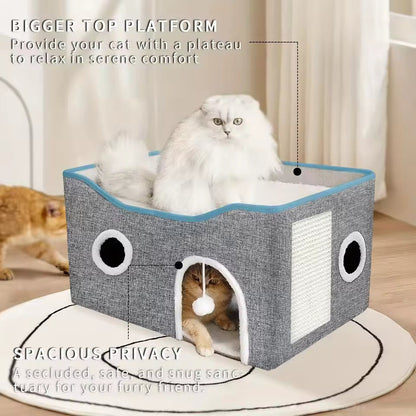 Cushion-Luxury Cat Tree Bed with Fluffy Ball Hanging and Scratch Pad