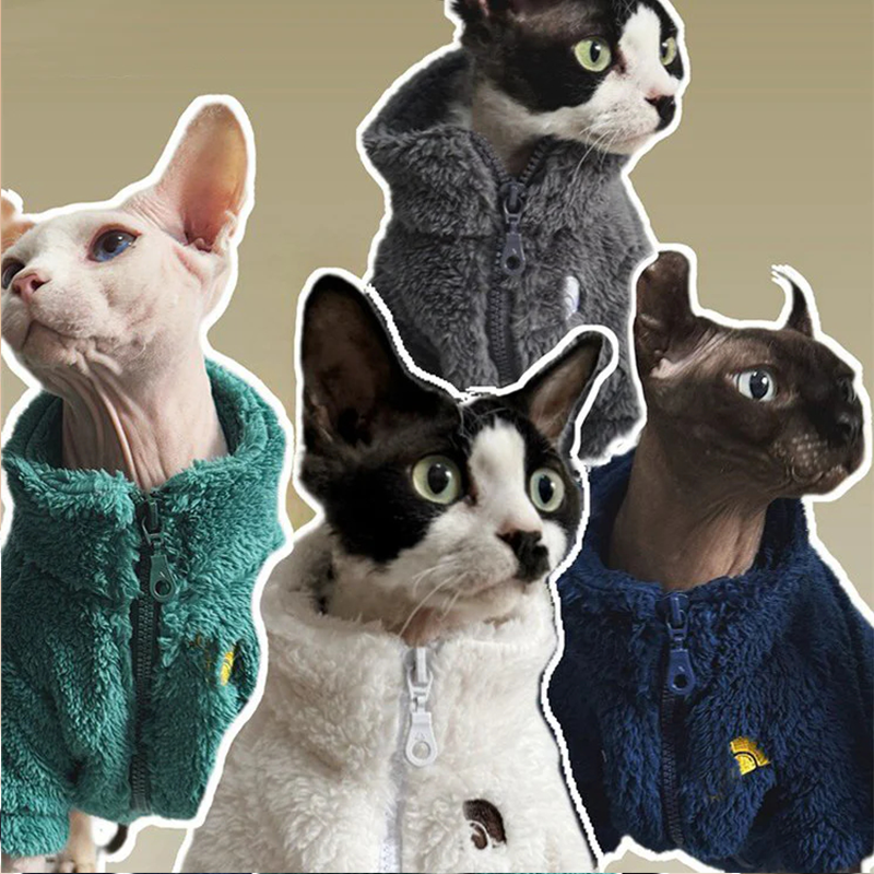 Handmade Polar Fleece Zip Coat Winter Jacket Sphynx Cat Clothes