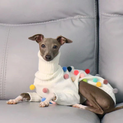 Turtleneck Knit Sweater with Pom-Poms for Italian Greyhound & Whippets