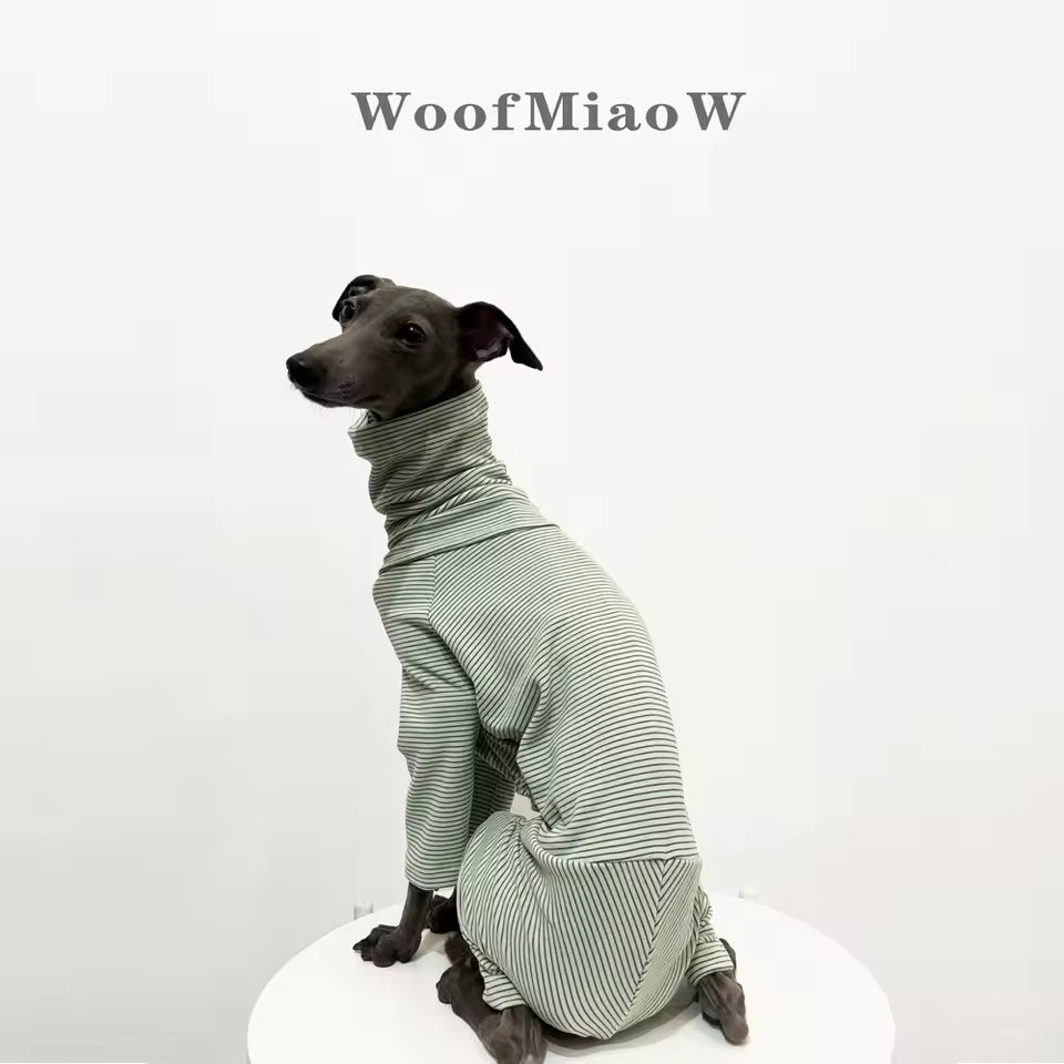 Italian Greyhound Fleece-Lined Velvet Hoodie – Green Striped Warm Dog Clothing