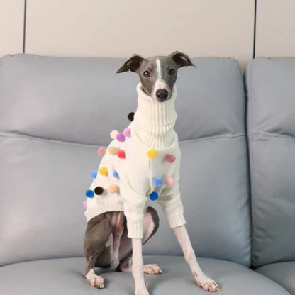 Turtleneck Knit Sweater with Pom-Poms for Italian Greyhound & Whippets