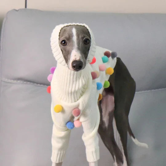 Turtleneck Knit Sweater with Pom-Poms for Italian Greyhound & Whippets