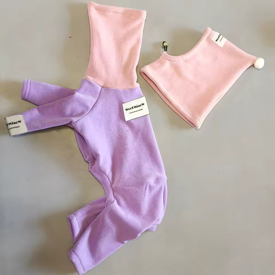 Stylish Pure-Color Winter Dog Jumpsuit with Hat – Stretch Fit for Italian Greyhounds & Whippets